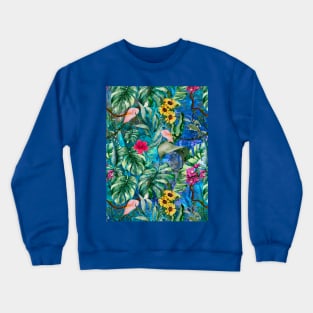 Cute tropical floral leaves botanical illustration, tropical plants,leaves and flowers, blue turquoise leaves pattern Over a Crewneck Sweatshirt